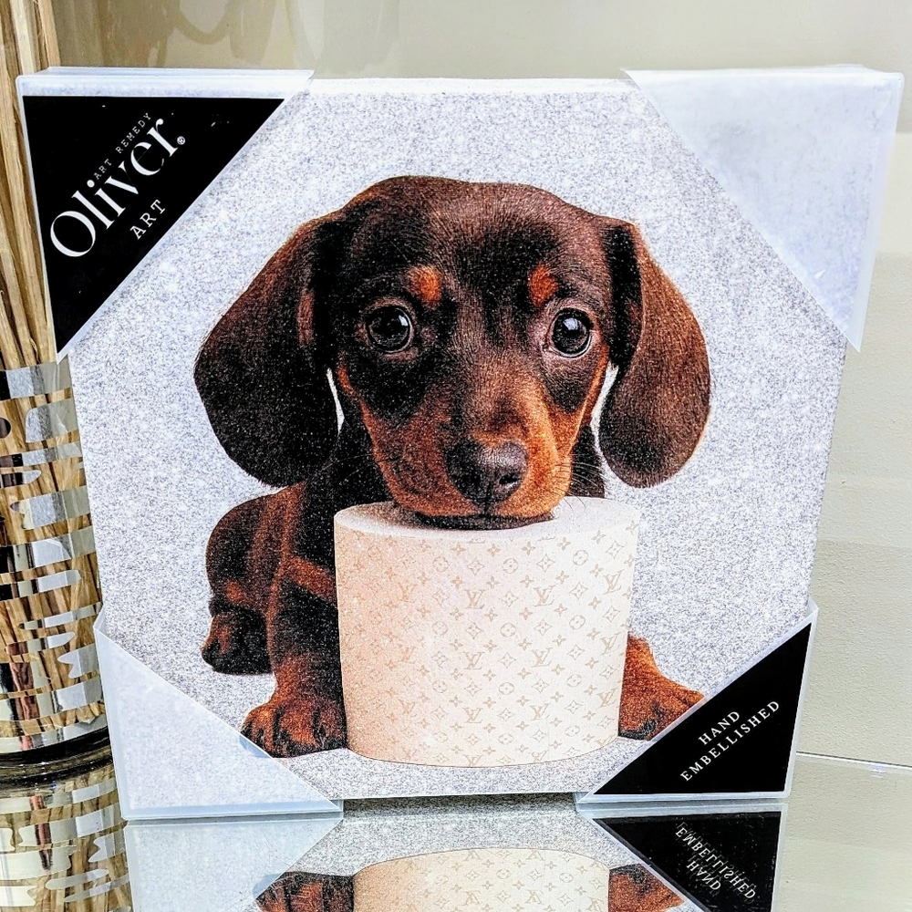 New Luxe Dachshund Doxie Puppy LV Toilet Paper Canvas Wall Art Glittered